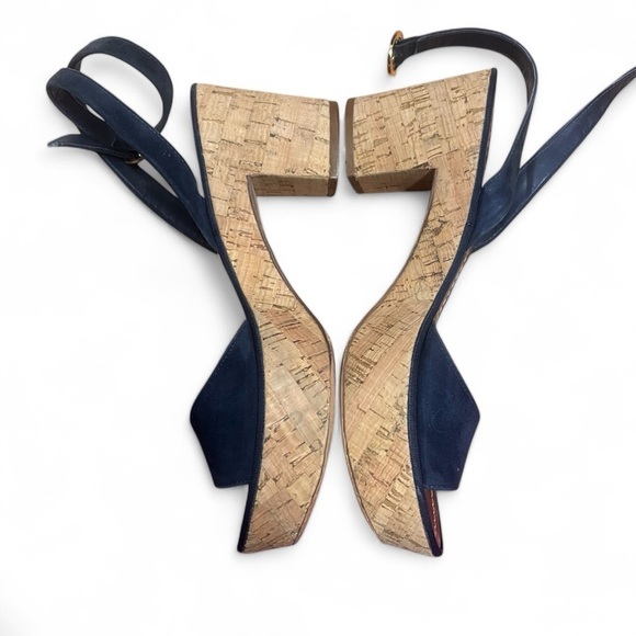 Diane von Furstenberg DVF Odelia Blue Suede Cork Open Toe Platform Sandals - 9 - Picture 3 of 13